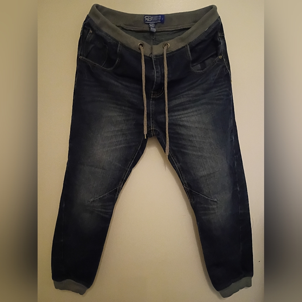RB Royal Blue Men's Joggers Dark Blue Jeans with Gray Waistband Sz XL
